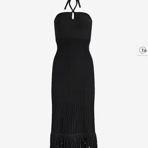 Ribbed Halter Sleeveless Fringe Midi Sweater Dress